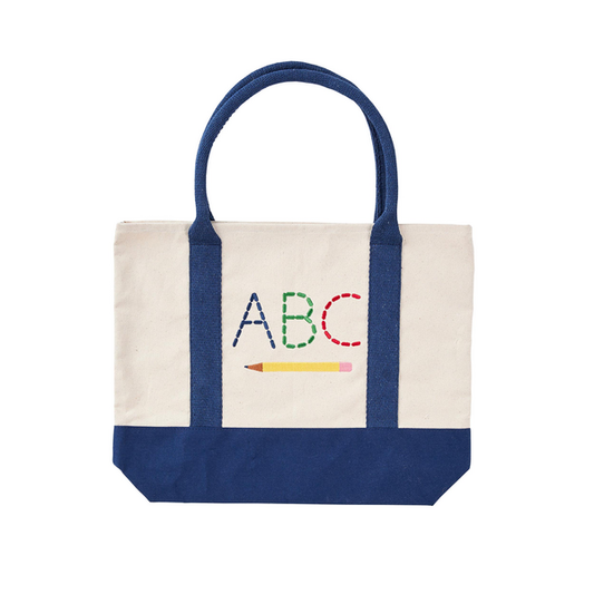 Blue-handled School Tote Bag with "ABC" above a yellow pencil; embroidered canvas. Available in small, medium, large sizes.