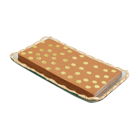 Glass Gold Guest Napkins, neatly stacked; available in standard guest size.