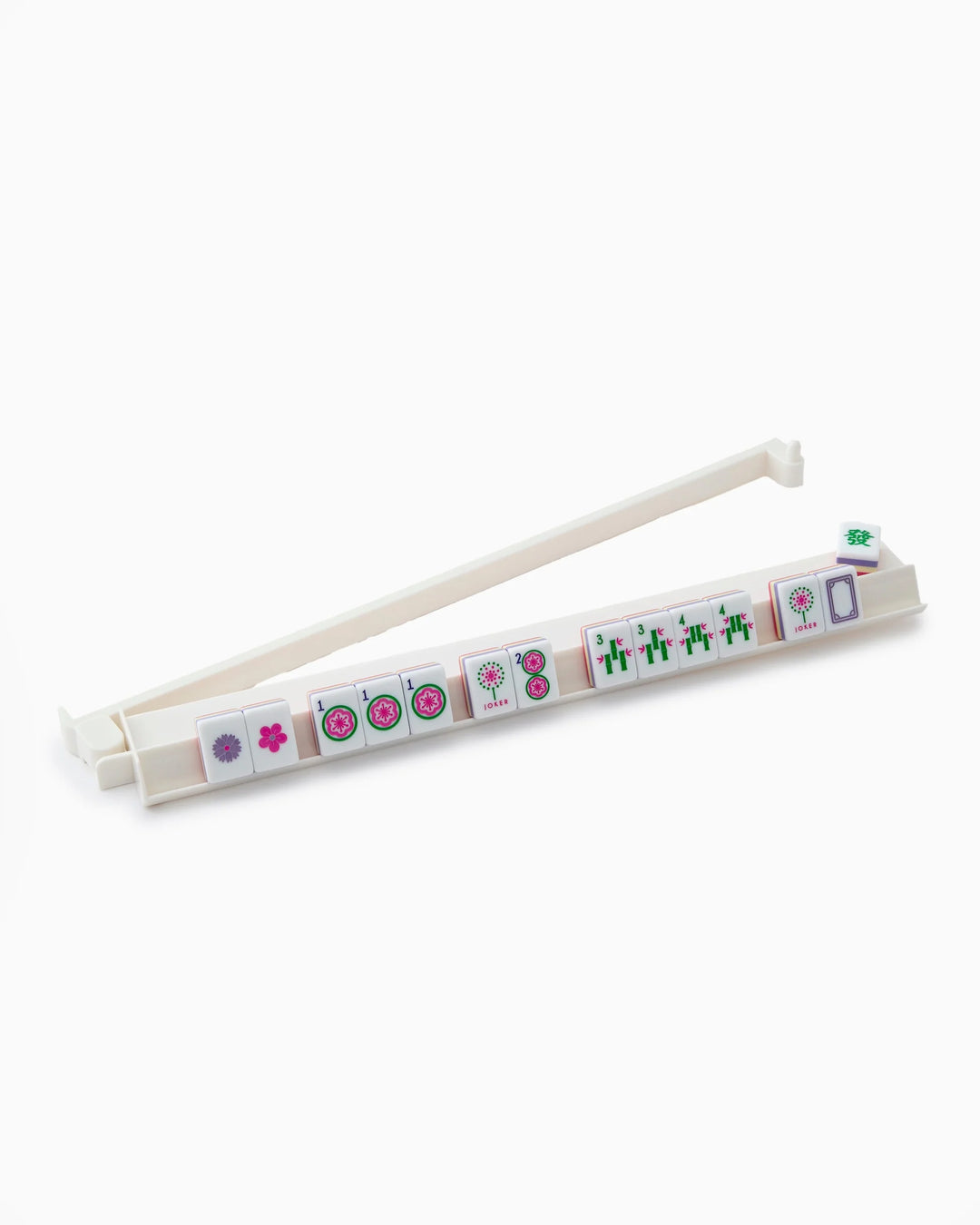 White Acrylic Rack &amp; Pusher Set holds 8 patterned tiles and one green tile; available in small, medium, and large sizes.