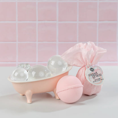 Sweet Grace Bath Bombs with a pink "Sweet Grace" package, available in standard bath bomb size.