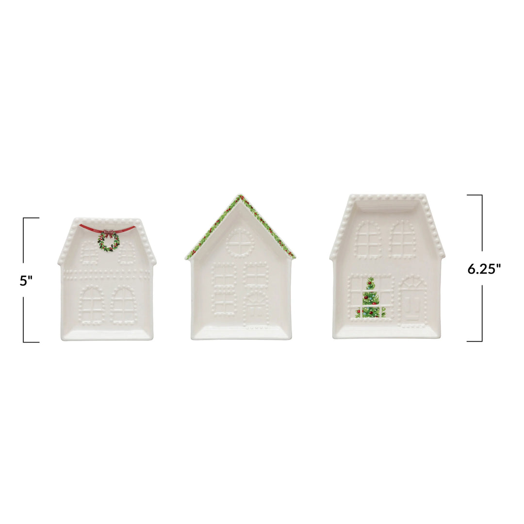 Three Embossed Stoneware House Plates in 3 styles, white and house-shaped, ranging from 5 to 6.25 inches tall.