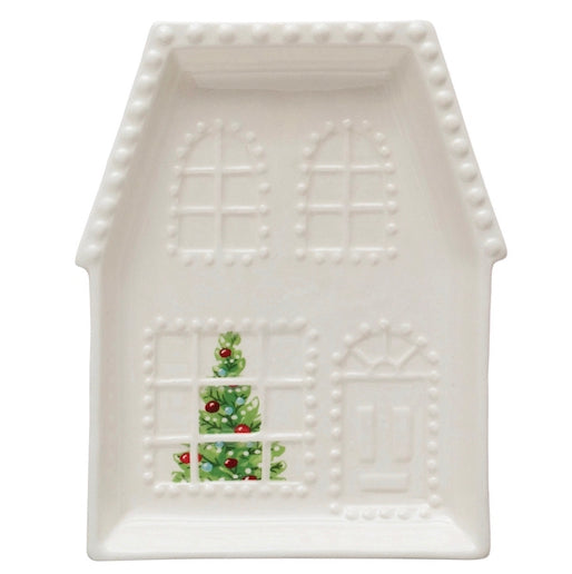 Embossed Stoneware House Plate in 3 white styles, shaped like a house with embossed windows, a door, and a Christmas tree.