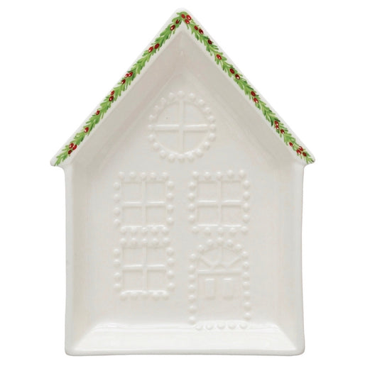 Embossed stoneware house plate in 3 styles, featuring embossed windows, a door, and a painted green leaf and red berry roofline border.