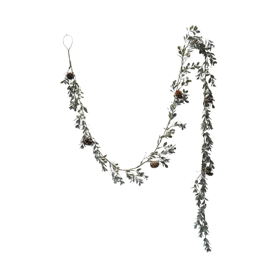 Faux Boxwood Garland with Pinecones and White Berries, featuring small green leaves and a hanging loop.