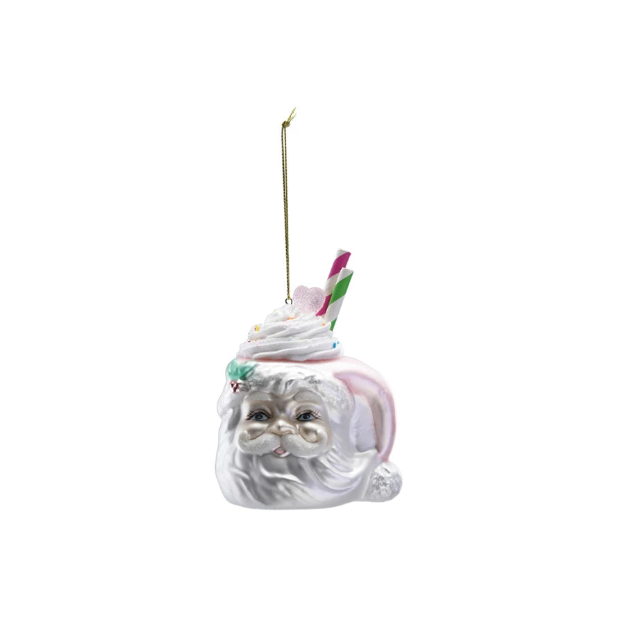 Glass Santa head mug ornament with whipped cream, colorful straws, and a heart.