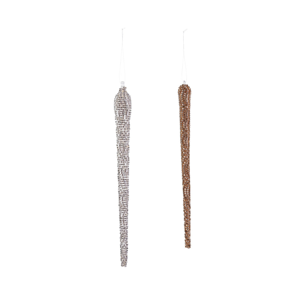 Two 10″H metal rhinestone icicle ornaments, one silver and one bronze.