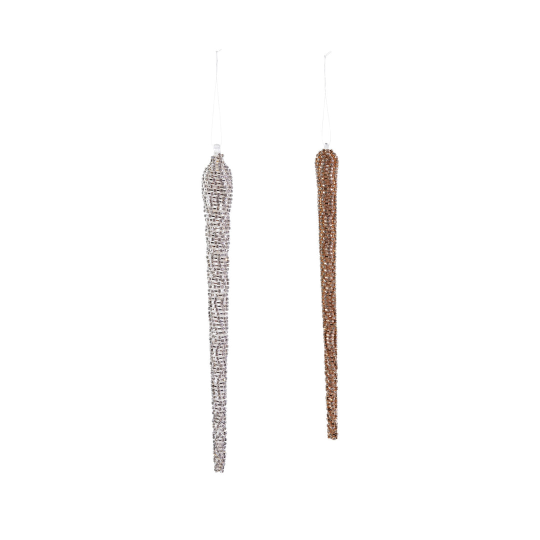 Two 10″H metal rhinestone icicle ornaments, one silver and one bronze.