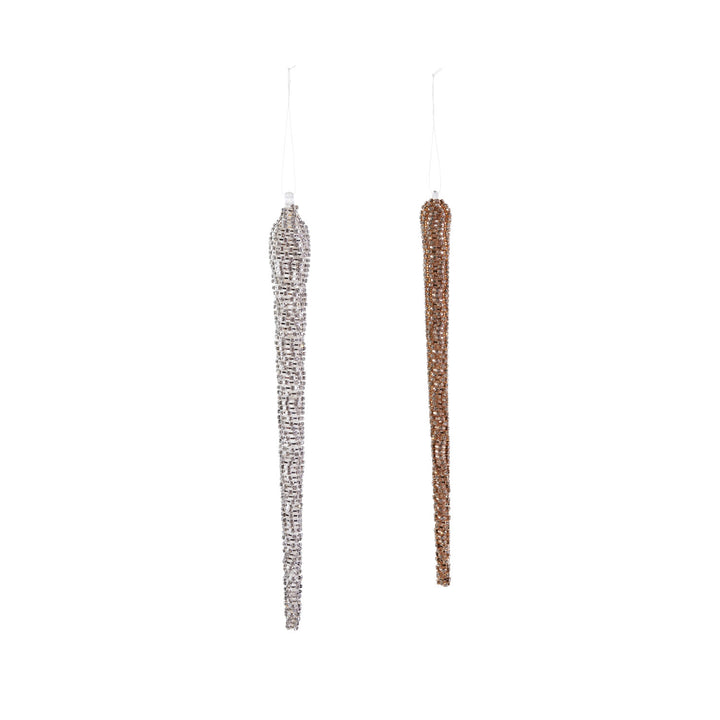 Two 10″H metal rhinestone icicle ornaments, one silver and one bronze.