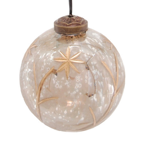 Antique silver etched mercury glass ball ornament with star and branch patterns and a metallic cap.