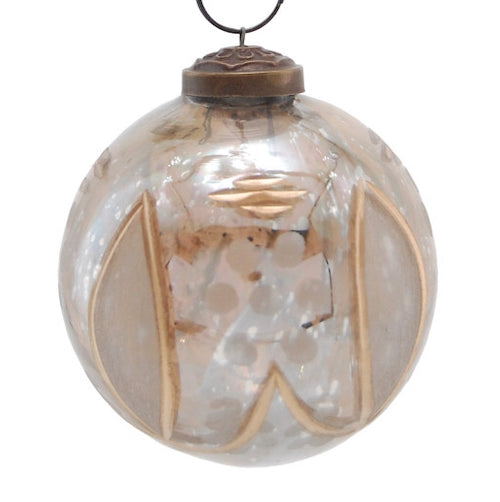 Etched mercury glass ball ornament with geometric pattern and bronze cap.