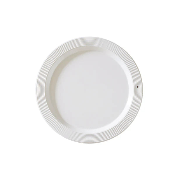 The Pinstripes Melamine Round Platter has a white finish with subtle ridges near the rim. BPA free and suitable for entertaining. Available in 12" and 16" diameters.