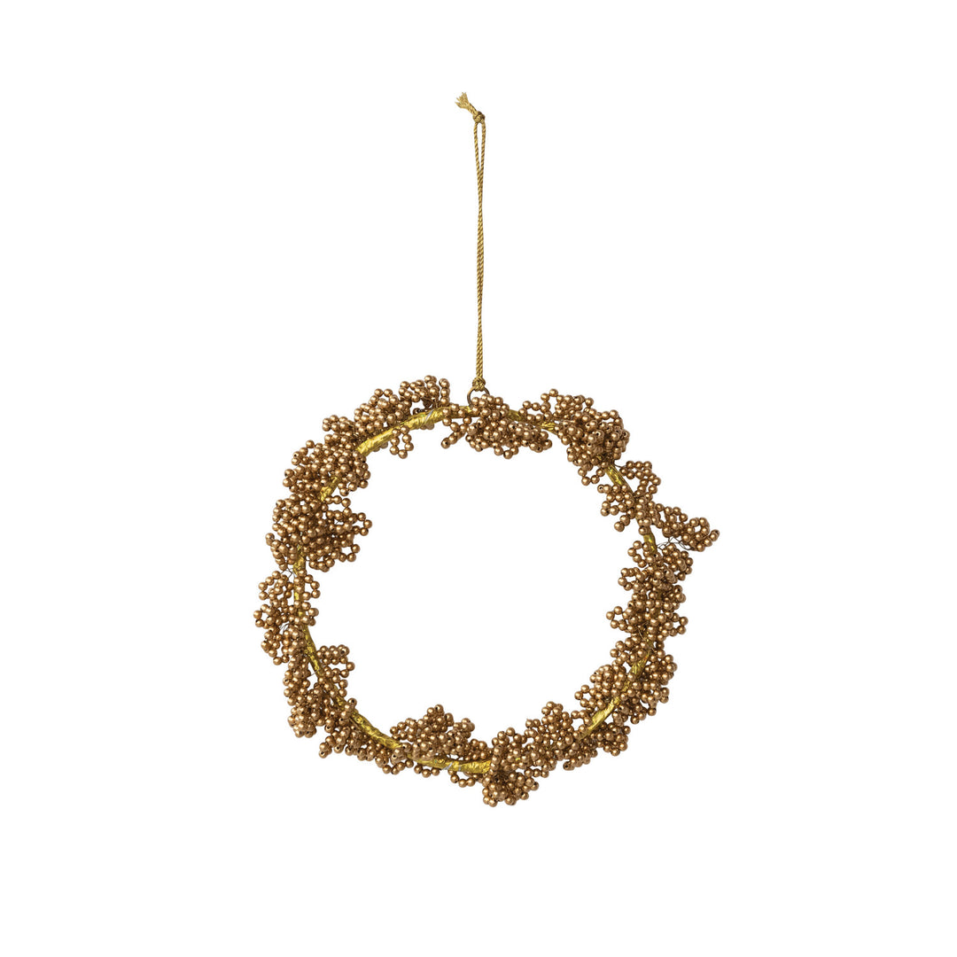 Gold handmade metal beaded wreath ornament with hanging string and classic gold finish.