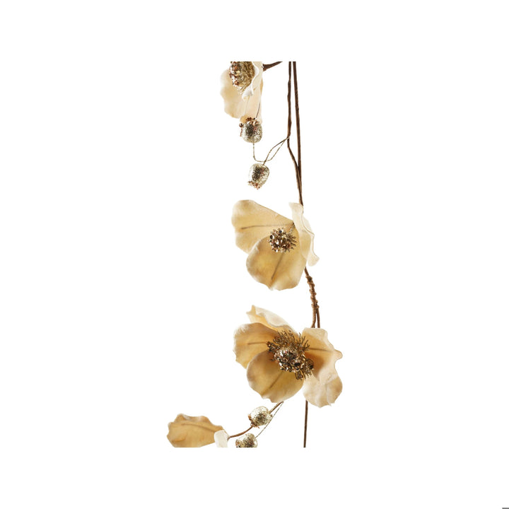 Blush faux magnolia flower garland with glitter and jewels.