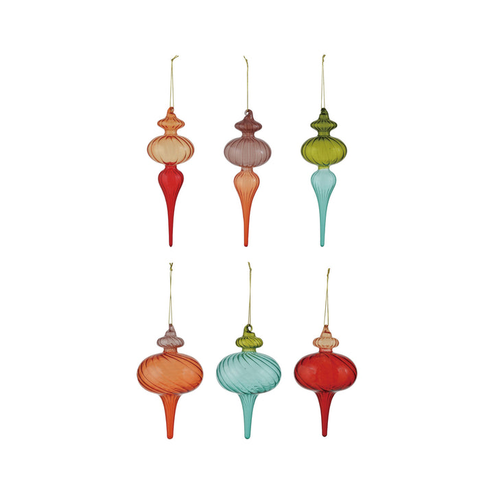 Six Two-Tone Glass Finial Ornaments in 6 handcrafted styles, colors, and shapes with ribbed glass texture.