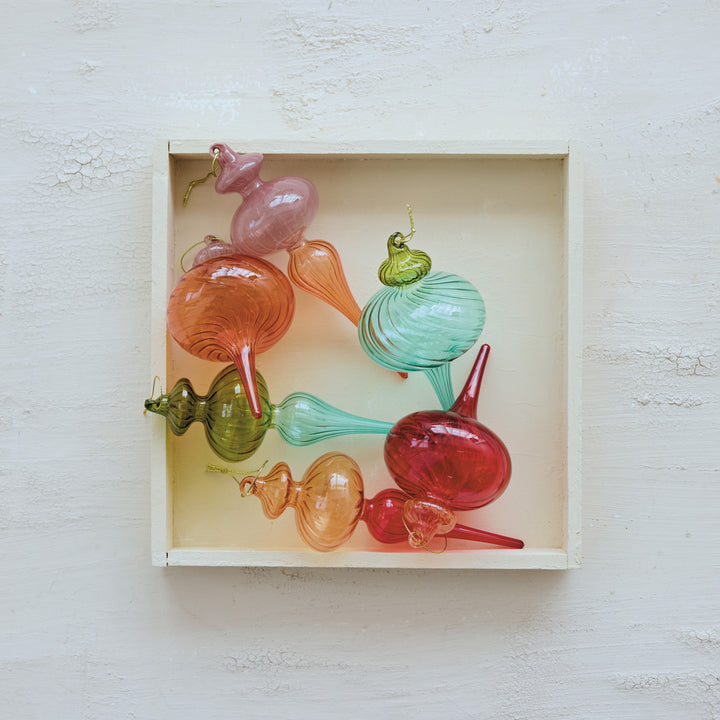 Six two-tone glass finial ornaments in 6 ribbed, translucent styles.