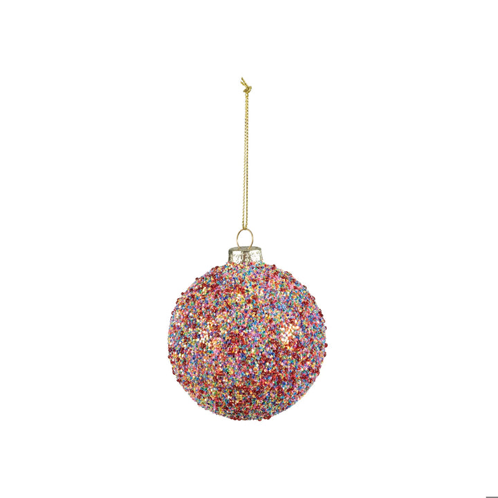 3″ round glass beaded ball ornament with glitter.