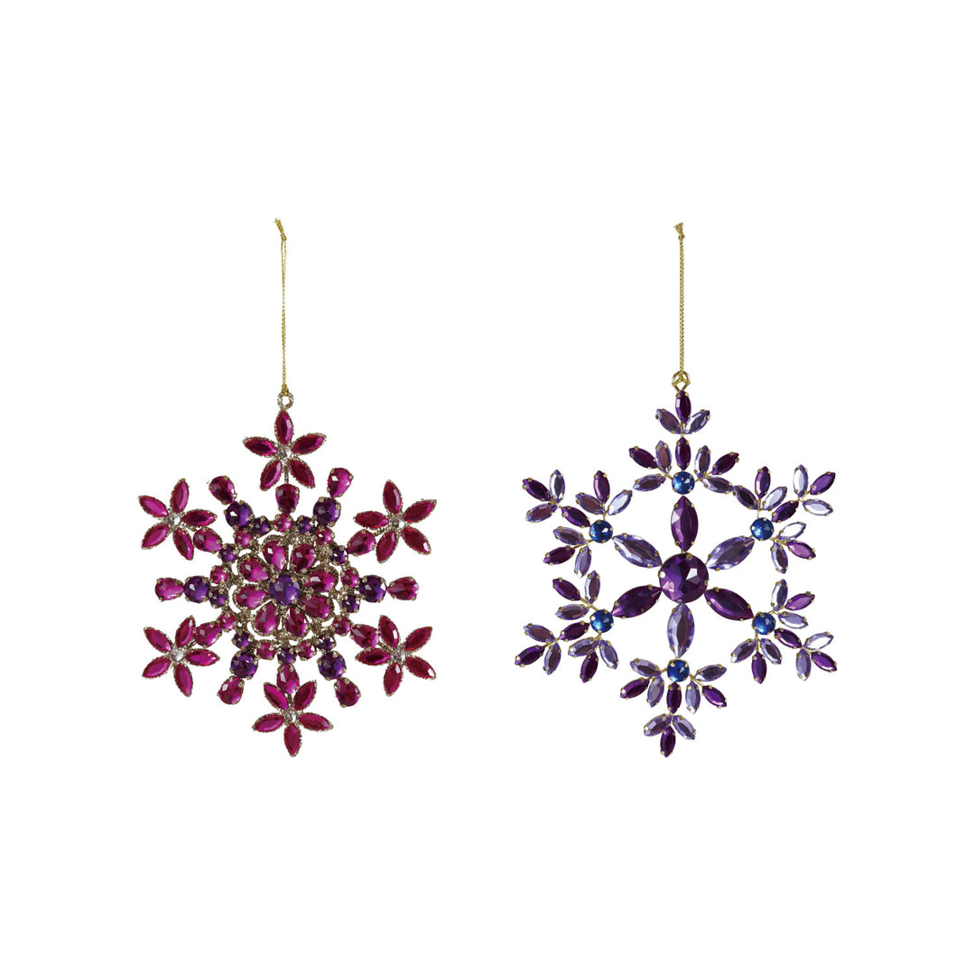 Metal snowflake ornament with dark pink and purple acrylic jewels and gold strings.