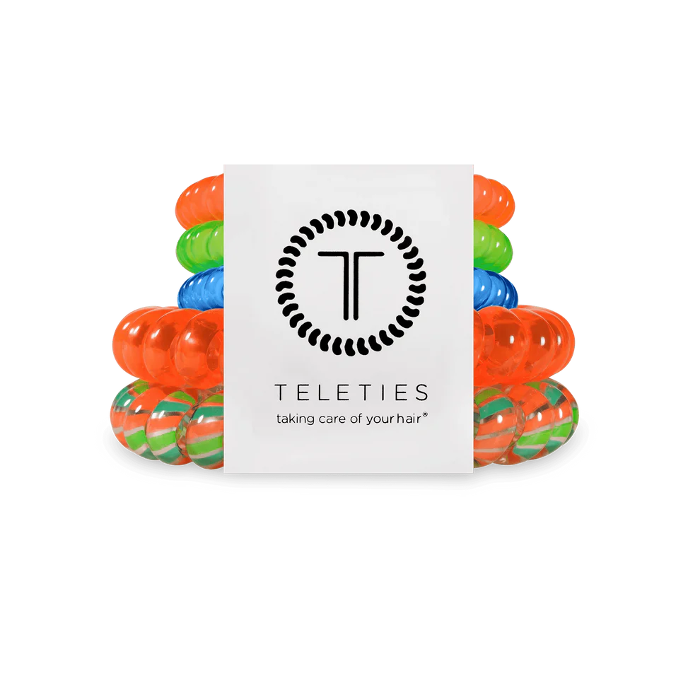 Pack of TELETIES Hair Ties in orange, green, and blue; available in small and large sizes.