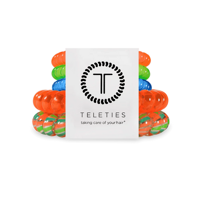 Pack of TELETIES Hair Ties in orange, green, and blue; available in small and large sizes.