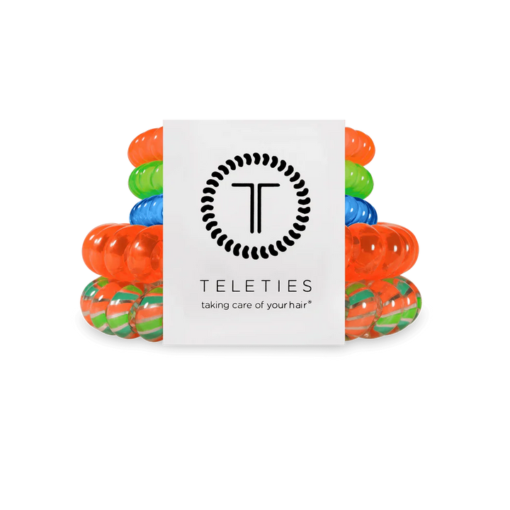 Pack of TELETIES Hair Ties in orange, green, and blue; available in small and large sizes.