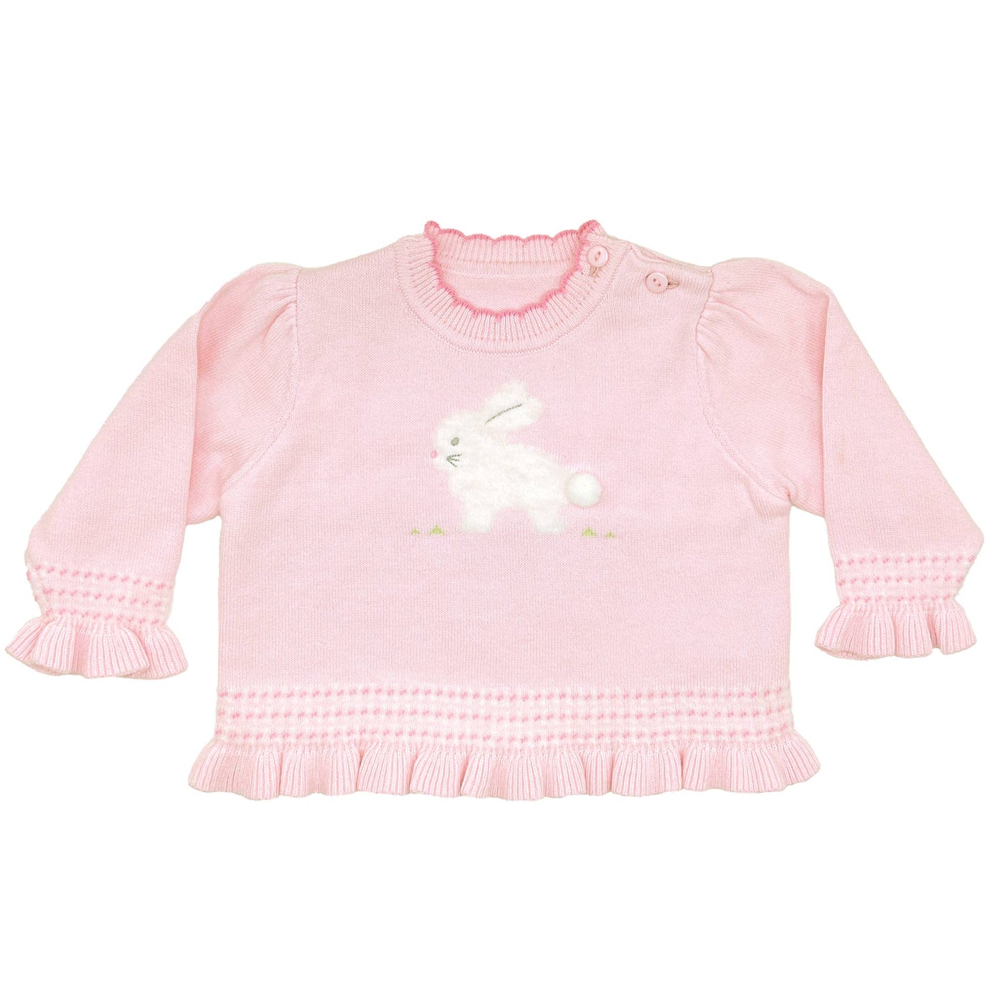 A Fuzzy Bunny Lightweight Knit Sweater in Pink with a white bunny design and frilly cuffs, displayed against a white background.