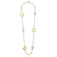 Gold Circle + Cotton Pearl Chain Necklace: long gold-plated chain with 3 white cotton pearls, 3 gold discs. Sizes available.