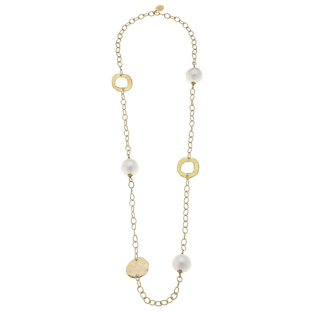 Gold Circle + Cotton Pearl Chain Necklace: long gold-plated chain with 3 white cotton pearls, 3 gold discs. Sizes available.