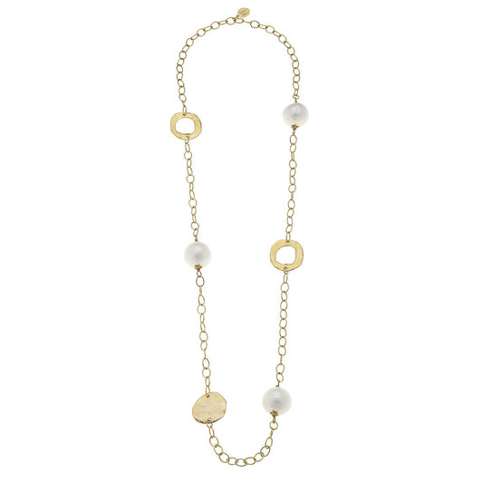 Gold Circle + Cotton Pearl Chain Necklace