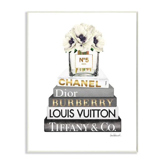 Glam Designer Bookstack wall art: five fashion books, Chanel No. 5 bottle, white flowers. Available in multiple sizes.
