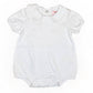 A plain gray White Collared Baby Bubble Sleeve Onesie | 3M with bubble sleeves, scallop-edged collar, and snap closures at the bottom, displayed against a white background.