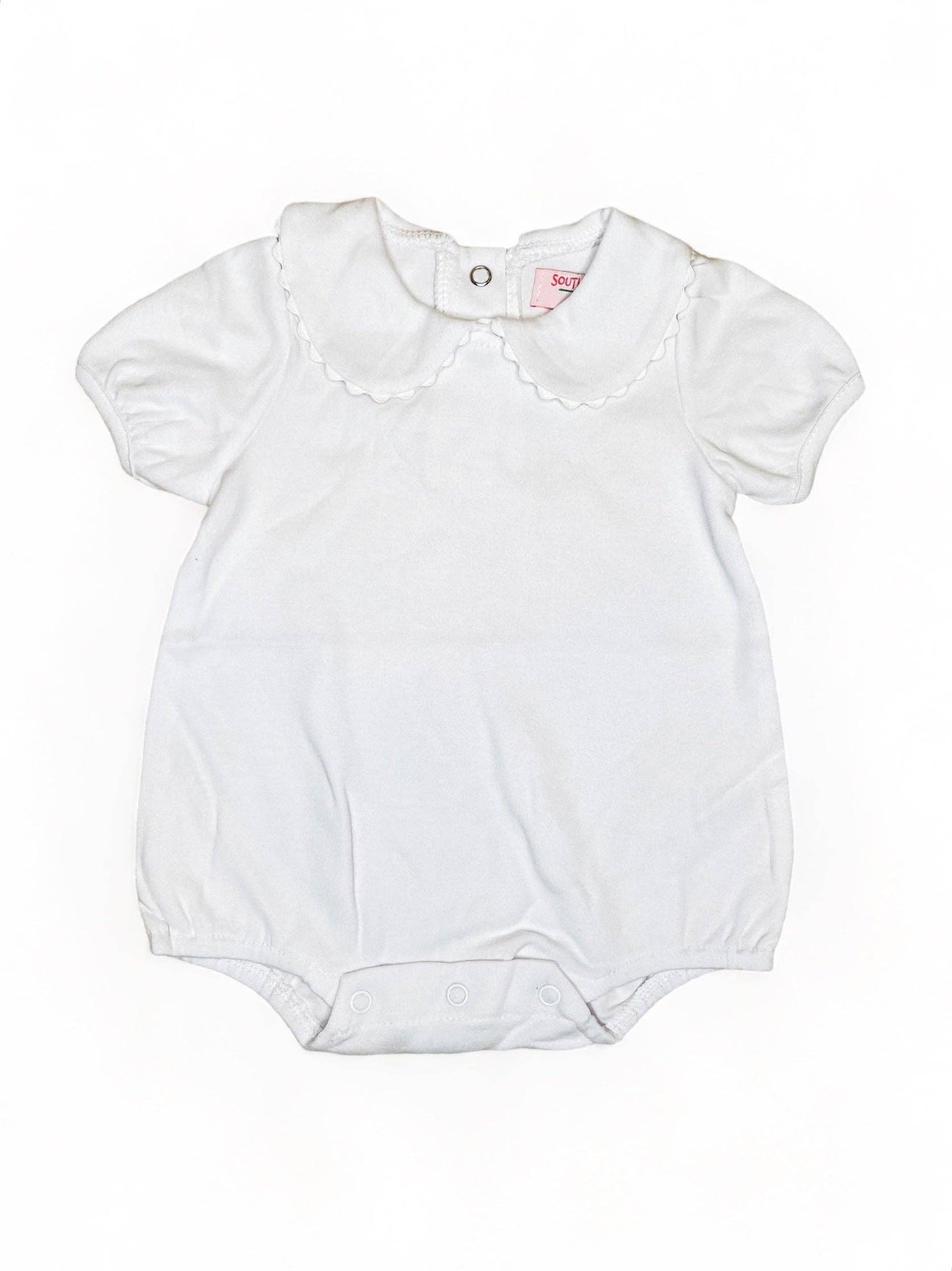 A plain gray White Collared Baby Bubble Sleeve Onesie | 3M with bubble sleeves, scallop-edged collar, and snap closures at the bottom, displayed against a white background.