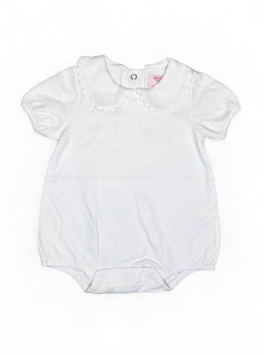 A plain gray White Collared Baby Bubble Sleeve Onesie | 3M with bubble sleeves, scallop-edged collar, and snap closures at the bottom, displayed against a white background.