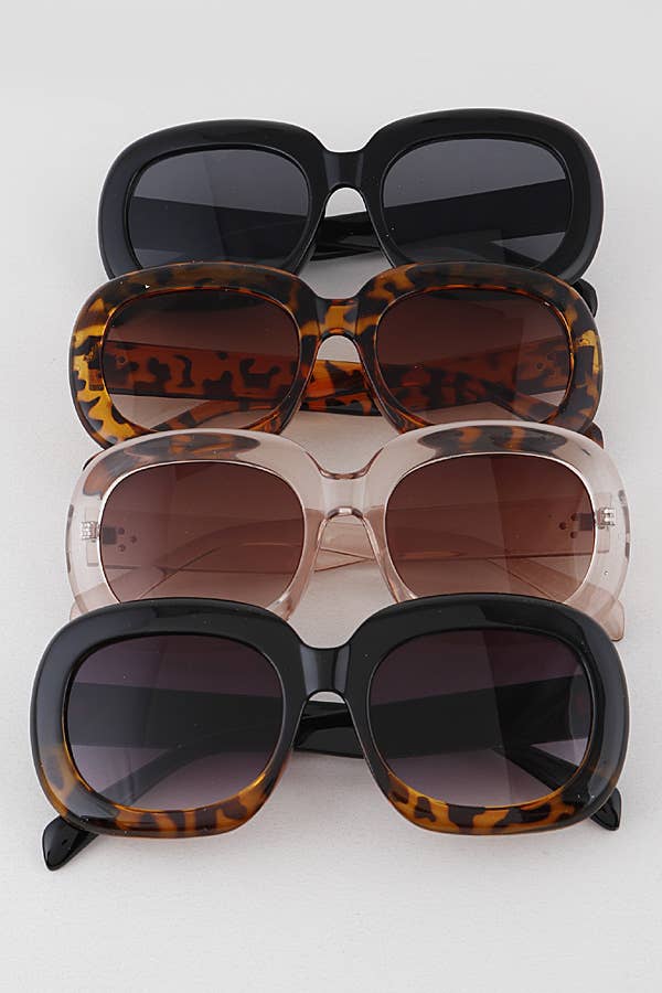 Rounded rectangular sunglasses in solid black, tortoiseshell, and clear frames. Sizes: S, M, L.