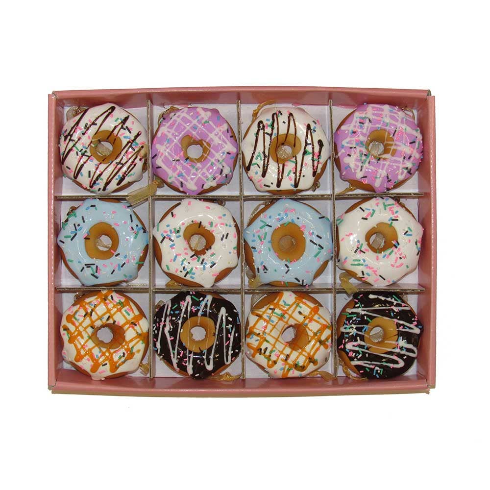 Box of twelve mini donut ornaments with colorful glazes, drizzles, and sprinkles.