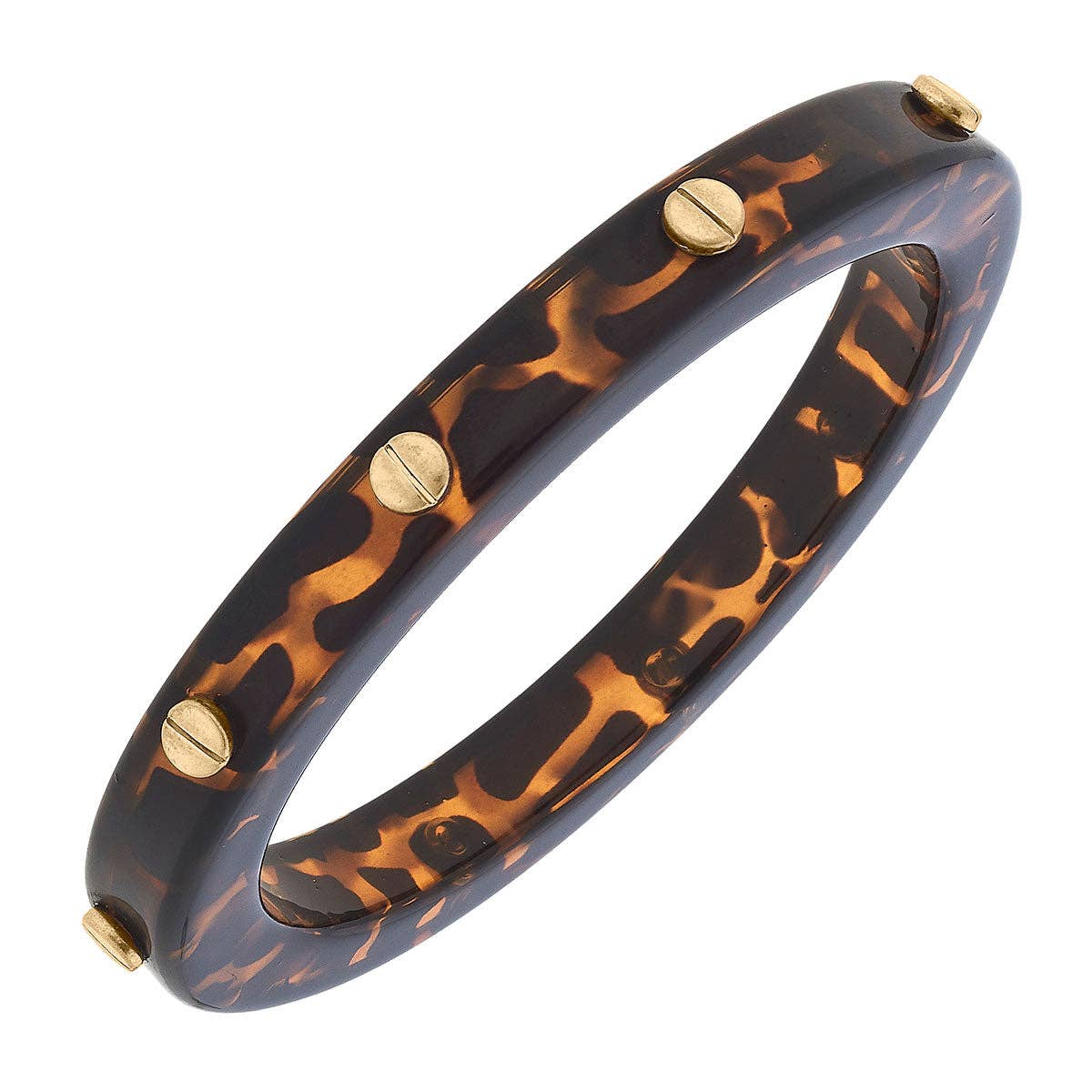 The product is an Amara Resin & Studded Bangle in Tortoise. This bangle has gold-tone stud accents on it. The color of the bangle resembles a tortoise shell pattern, with brown and beige tones. It comes in one universal size.
