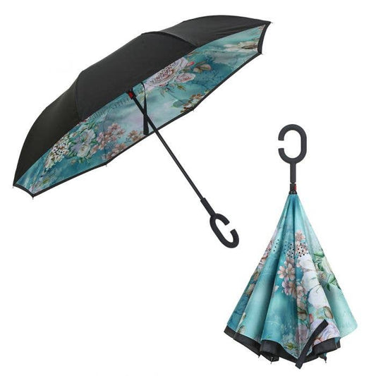 Double-layer, wind-resistant umbrella with black exterior, turquoise floral interior, C-shaped handle. Available in multiple sizes.