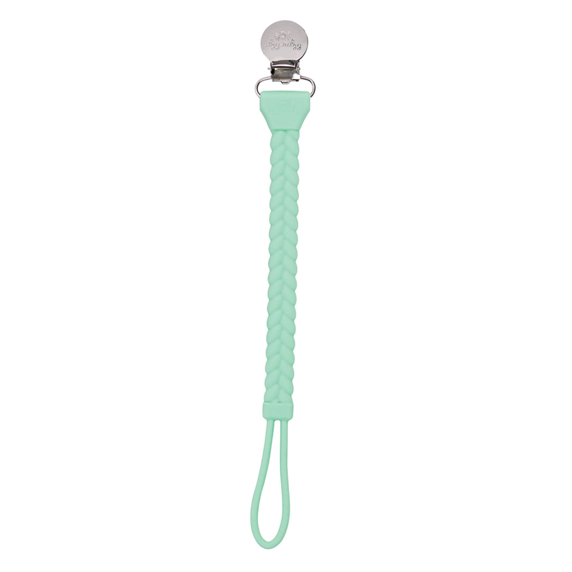 A Sweetie Strap™ Silicone One-Piece Pacifier Clips: Mint Braid with a metal clip at the top and a loop at the bottom.