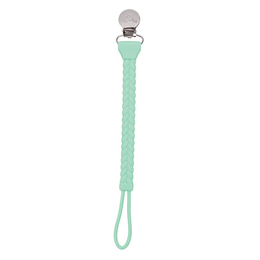 A Sweetie Strap™ Silicone One-Piece Pacifier Clips: Mint Braid with a metal clip at the top and a loop at the bottom.