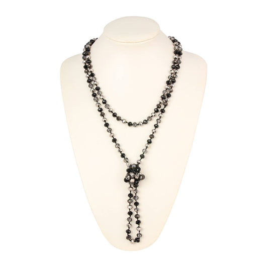 HDN2209 - 8mm Longline Hand Knotted Necklace with two black glass bead strands, one longer, and a cluster bead pendant.