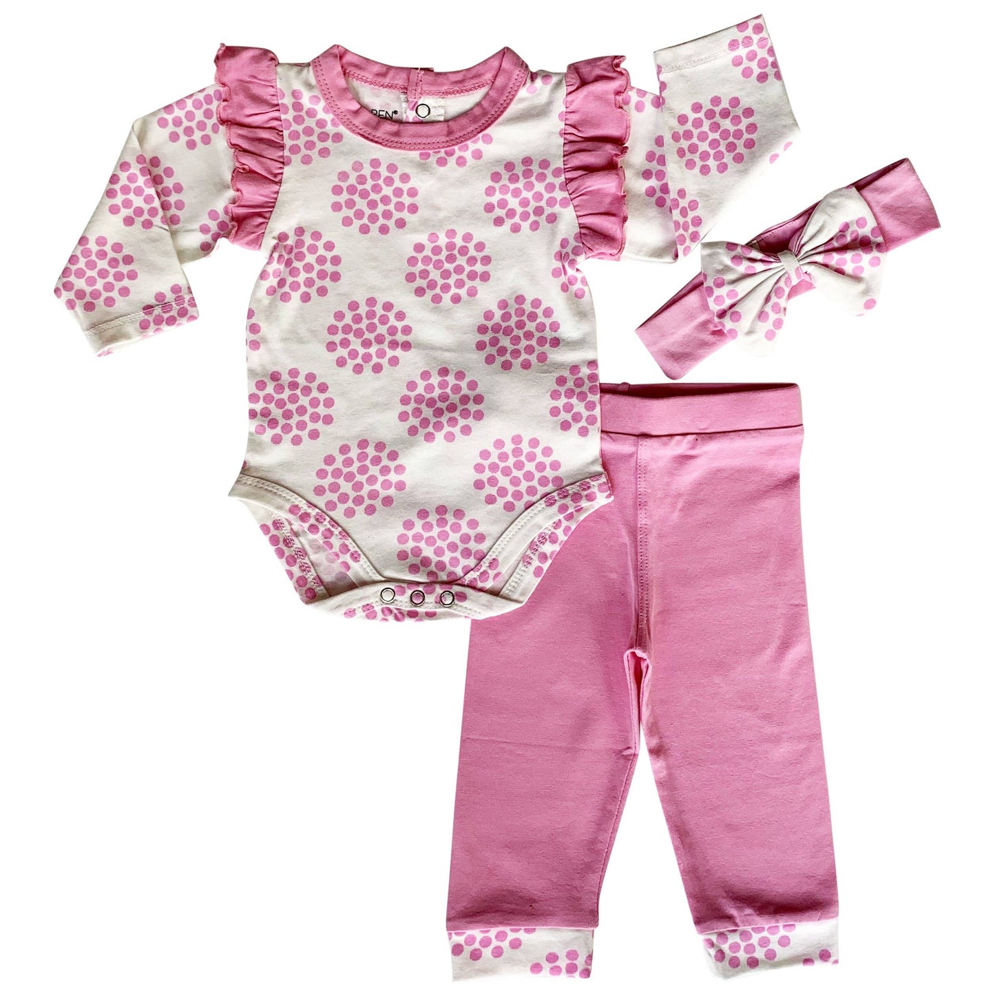 A Layette Girls Baby clothes Shower Gift Pink Polka Dot Easter: 3-6 Mo set with a white onesie featuring pink polka dots and frilly sleeves, pink pants, and a matching headband made from Egyptian cotton laid out on a white surface.