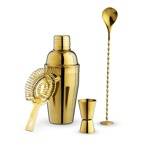 Gold Barware Set by True includes shaker, strainer, jigger, and bar spoon in shiny gold. Sizes available: standard set.