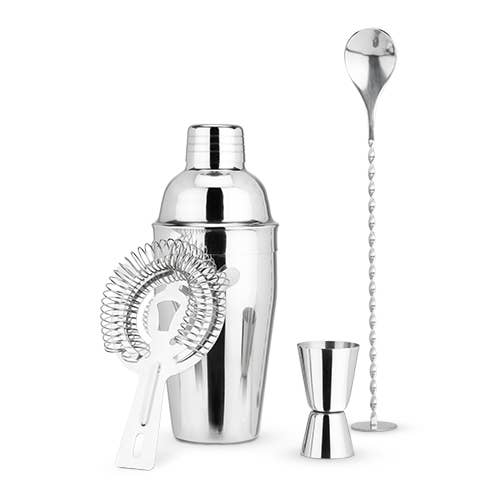 Stainless Steel Barware Set by True® with strainer, jigger, and twisted mixing spoon. Sizes available: standard.
