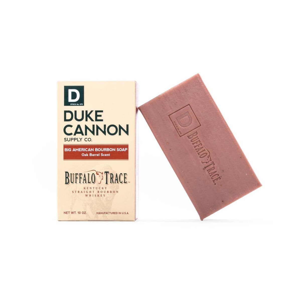 The product is a bar of Big American Buffalo Trace Soap offered with its corresponding packaging. The label reads "Big American Buffalo Trace Soap, Buffalo Trace Distillery, Oak Barrel Scent" amidst notable branding logos.