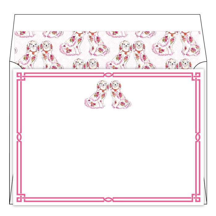 Die-cut note card with pink spaniel dog illustrations, pink border, white envelope with matching designs. Sizes: not specified.