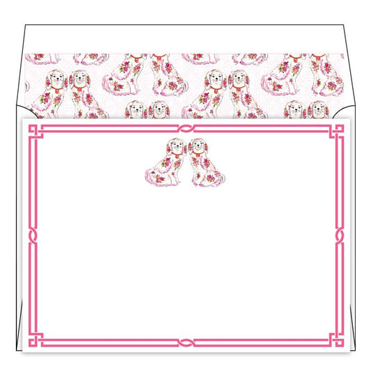Die-cut note card with pink spaniel dog illustrations, pink border, white envelope with matching designs. Sizes: not specified.