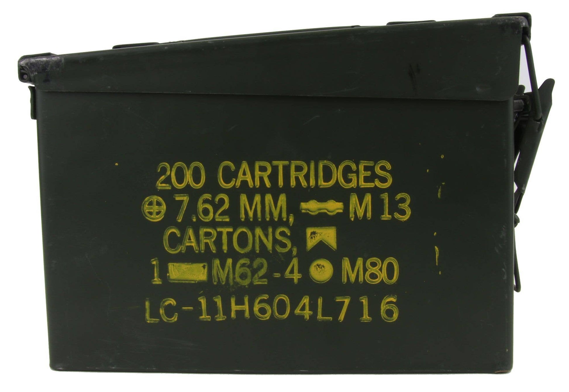 Product: Green Military Ammo Can

This product is a sturdy green Ammo Can with military-style design. The exterior features bold white labeling which reads, "200 cartridges, 7.62 mm, m13". Additional coding and symbols are imprinted on the surface for a more authentic look. Please note that size and weight may vary by product due to its rugged style and design. This can proves handy for storing ammunition or various other items safely and securely.