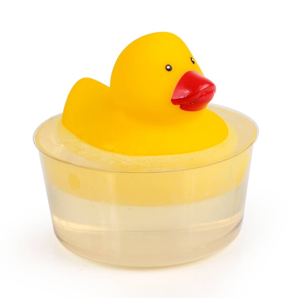 The product is a single Clearly Fun Bath Pals Duck. This playful item sports a bright red beak and has the ability to float, making it an ideal bath companion. The duck comes enclosed in a clear shallow bowl that serves as its packaging. It does not include any other items or accessories.