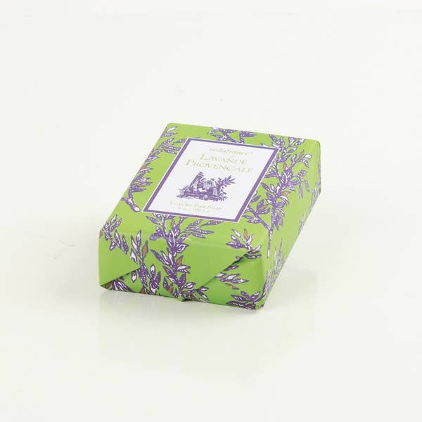 This product is a Lavande Provencale Bar Soap, housed in a green box with a distinctive floral print. The box features an elegant label inscribed with French text and is presented on a solid white background. The soap is available in one standard size only.