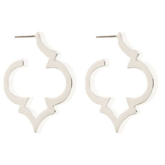 Silver-tone spade hoop earrings with geometric quatrefoil design and surgical steel posts. Available in multiple sizes.