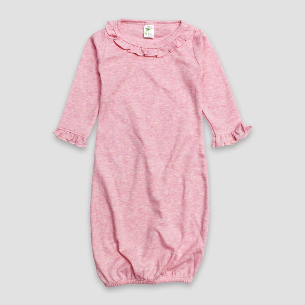 Pink long sleeve sleeping gown with elastic opening at bottom and ruffles on sleeves and neckline.